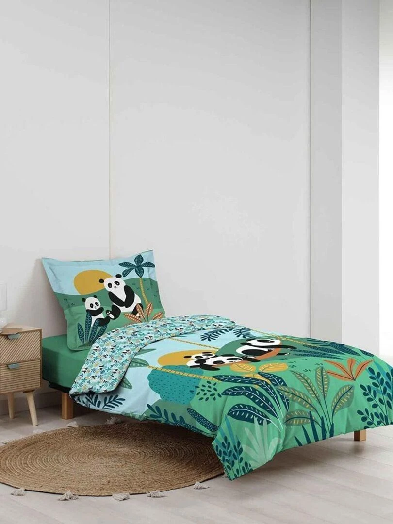 Housse de couette 140x200 + taie Panda Life coton   Bleu