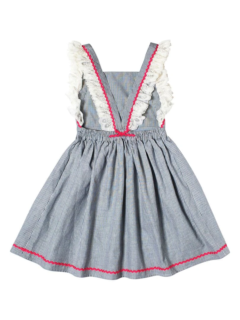 Robe Cérémonie Bohème Fille  Dentelle Fines Rayures Grises  LILI   La Faute à Voltaire   Gris Gris Blanc