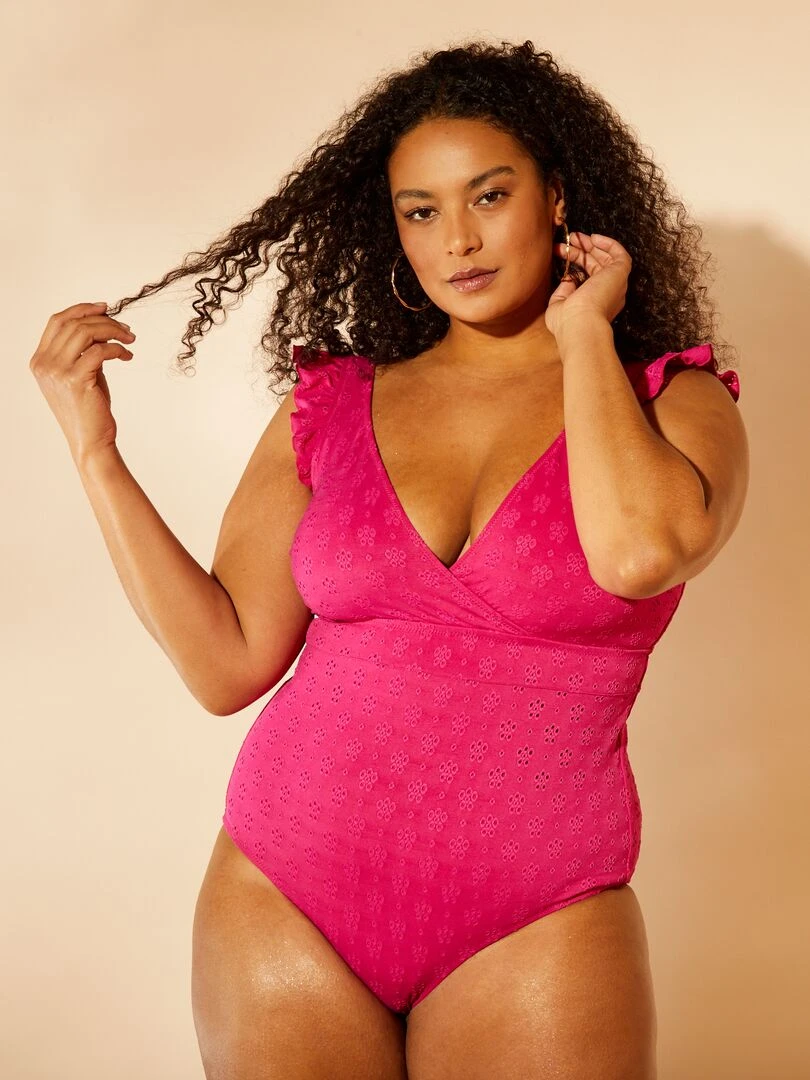 Maillot de bain ajouré uni 1 pièce Rose