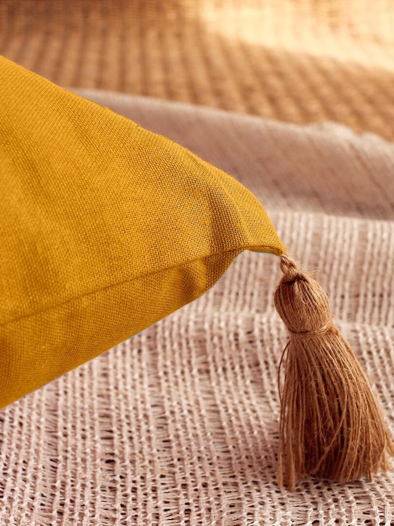 Coussin avec pompons en jute Jaune moutarde