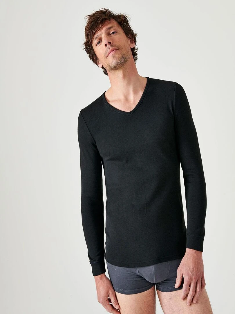T shirt col V maille interlock Thermolactyl Damart Noir