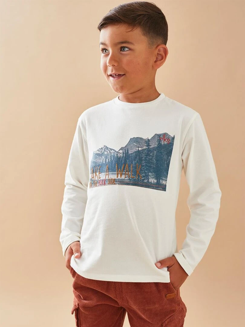 T shirt longues manches imprimé montagne Noukie's Blanc