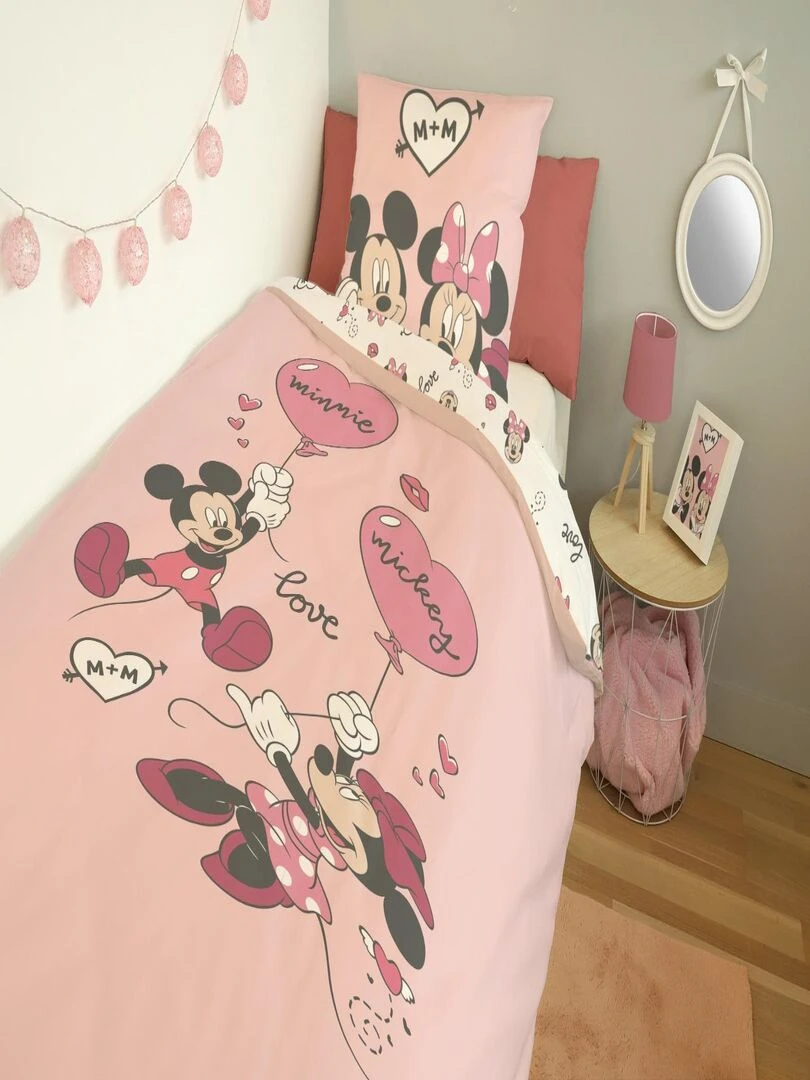 DISNEY Housse de couette Mickey et Minnie 140x200 cm 100% Coton Rose Rose