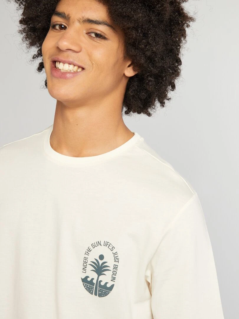 T shirt en jersey à col rond Beige 'palmier'