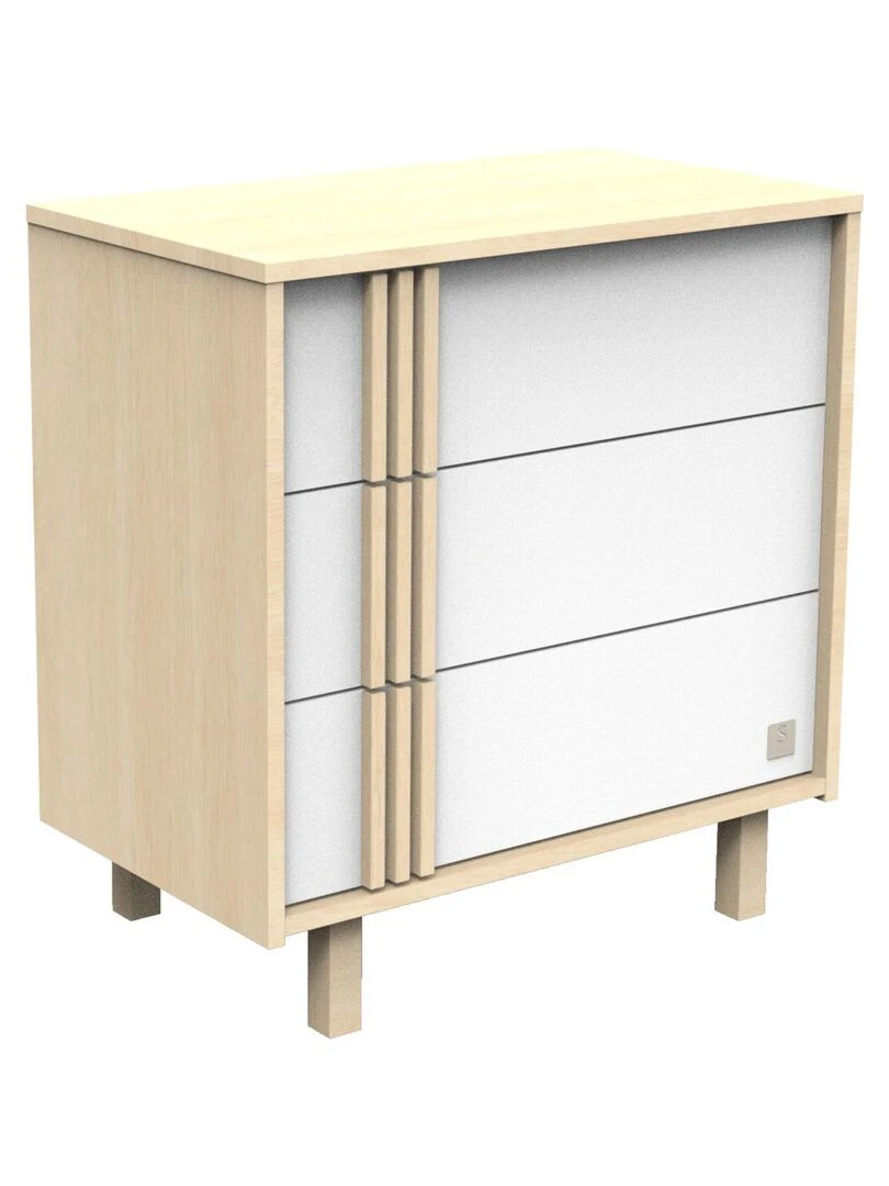 Commode 3 tiroirs en décor chêne velours et blanc avec appliques en bois SAUTHON Blanc