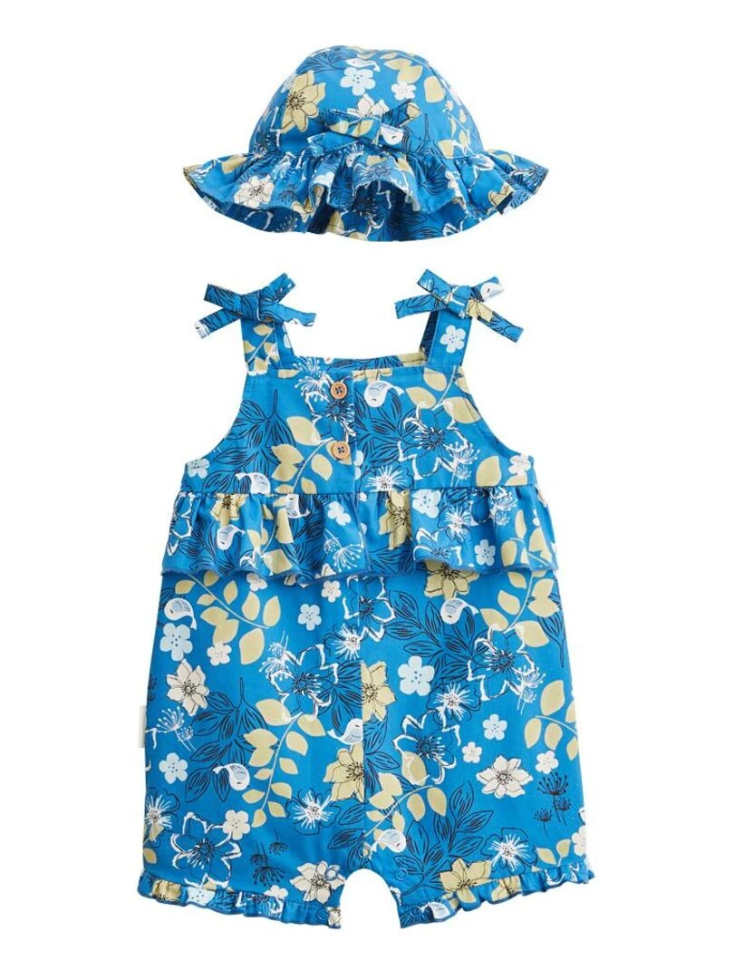 Barboteuse bébé + chapeau en popeline Flora Bleu