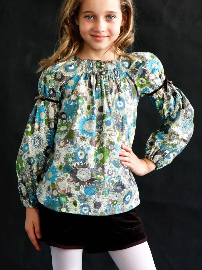 Blouse Fleurie Marron Beige Bleu Fille Col Smocks CHIMENE 'LA FAUTE A VOLTAIRE' Marron