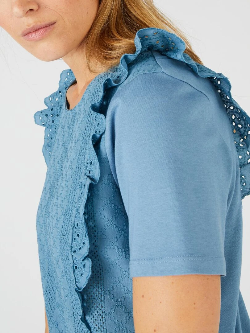 T shirt bi matière broderie anglaise Damart Bleu