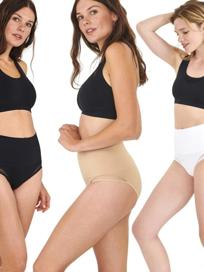 3 culottes ceinture minceur en résille So'Slim pour femme   Noir Beige Blanc