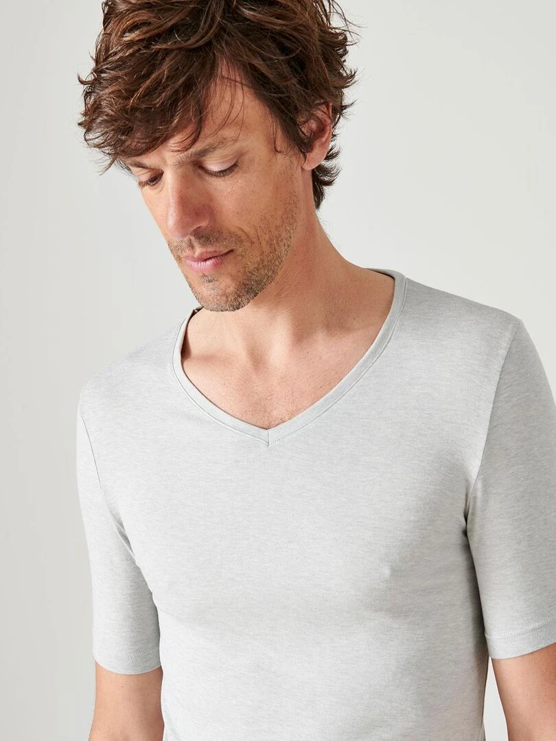 T shirt col V manches courtes maille classique Thermolactyl Damart Gris chiné