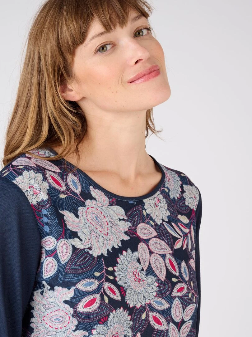 Tee shirt maille chaude fleuri Damart Bleu marine