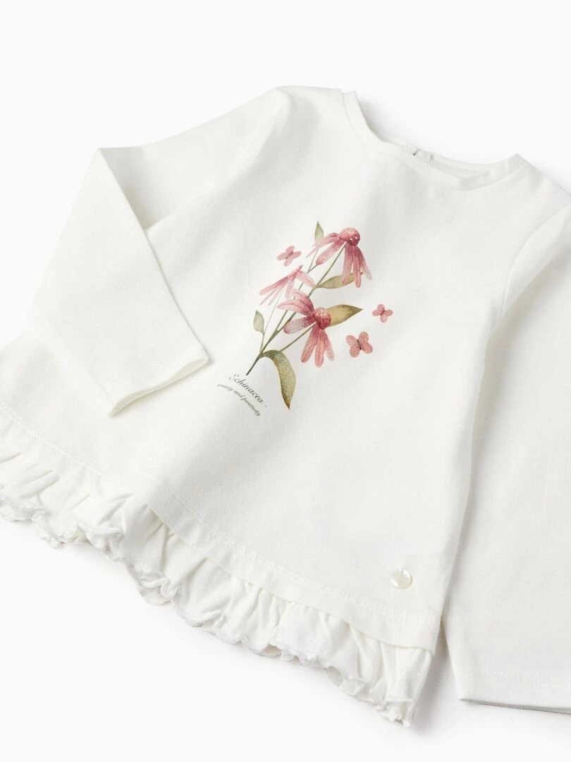 T shirt à manches longues avec volants pour bébé fille 'Floral' manches longues SPRING BEGINS   Blanc
