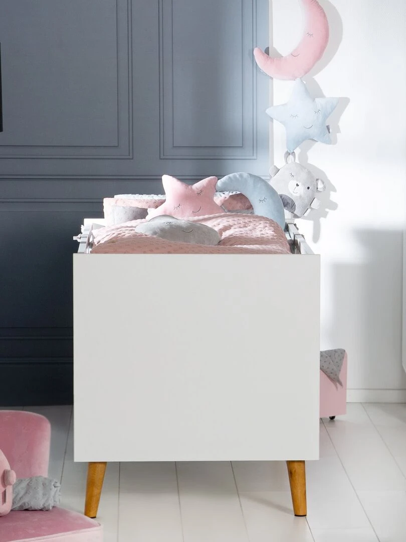 ROBA Lit bébé évolutif "Mick" 70x140 Hauteur Réglable 3 Barreaux Amovibles Blanc/Décor Bois Blanc
