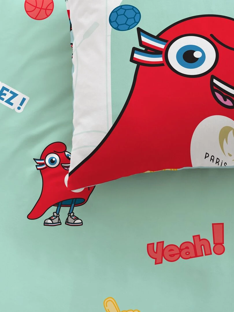 Parure de lit imprimée 100% coton PARIS 2024 MASCOTTE OLYMPIQUE ALLEZ Blanc Vert