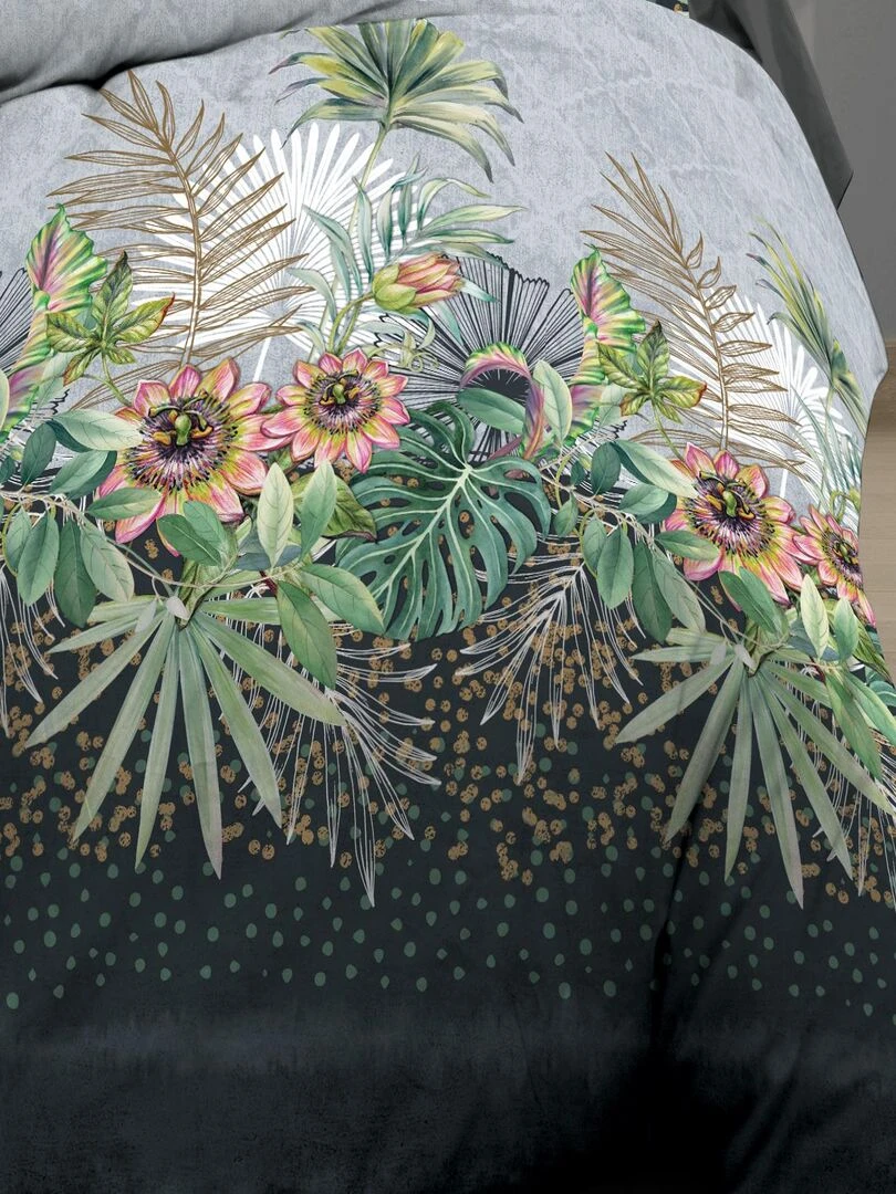 Parure Drap plat + drap housse 140x190 + 2 T Pur coton 57 fils Flora Bleu