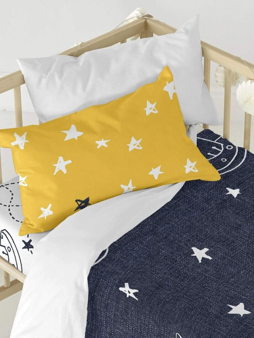 Parure housse de couette 2 pièces Starspace Berceau "Happyfriday"   Bleu Jaune
