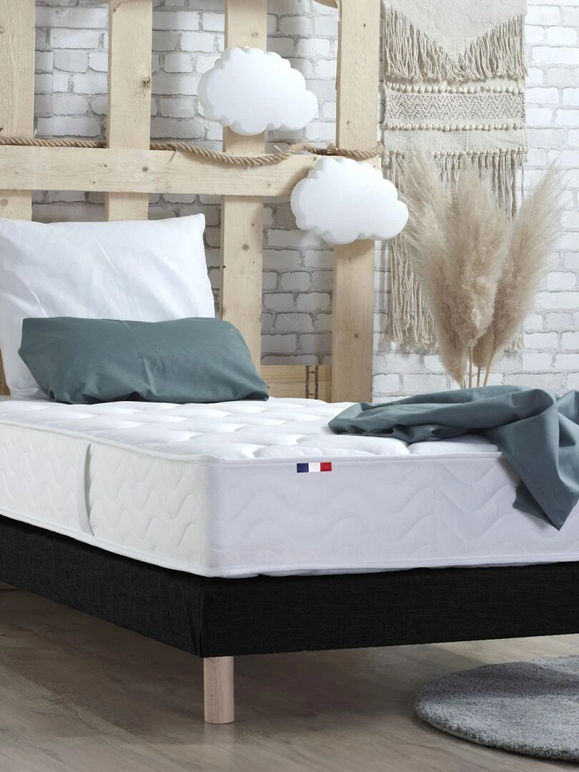 Pack ASTRE Ensemble Matelas Ressorts + Sommier + Couette + Oreillers Made in France Blanc