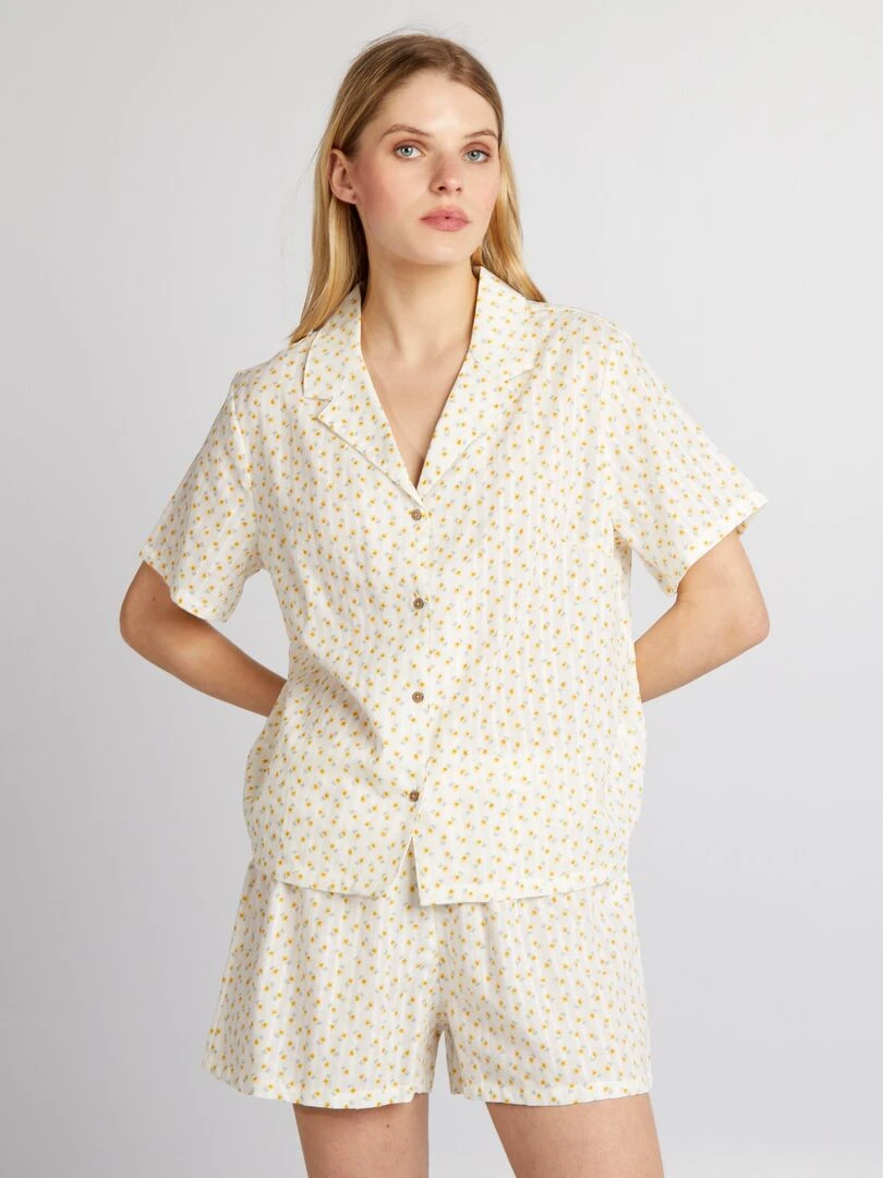Pyjama court chemise short 2 pièces Blanc/jaune