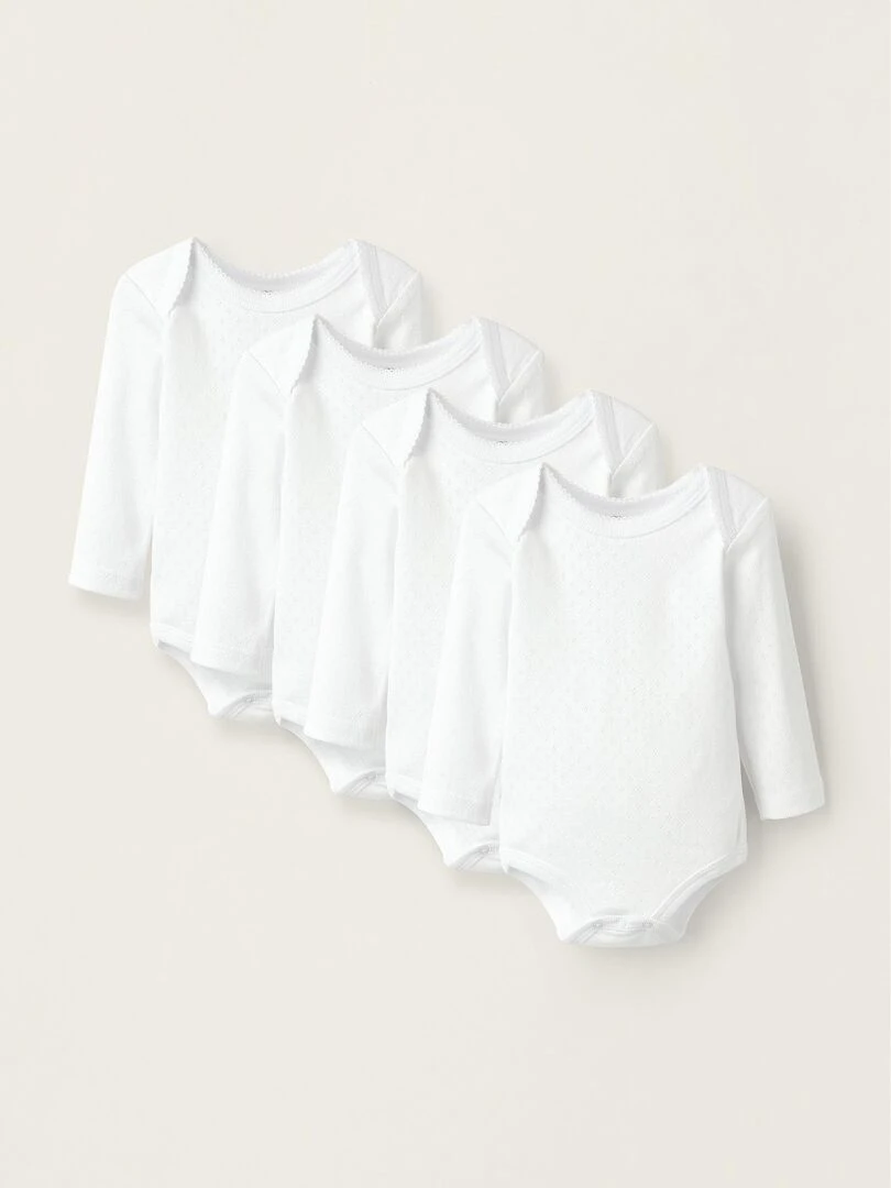 Pack 4 Bodies en coton pour nouveau né et bébé manches longues ESSENTIALS LINE Blanc