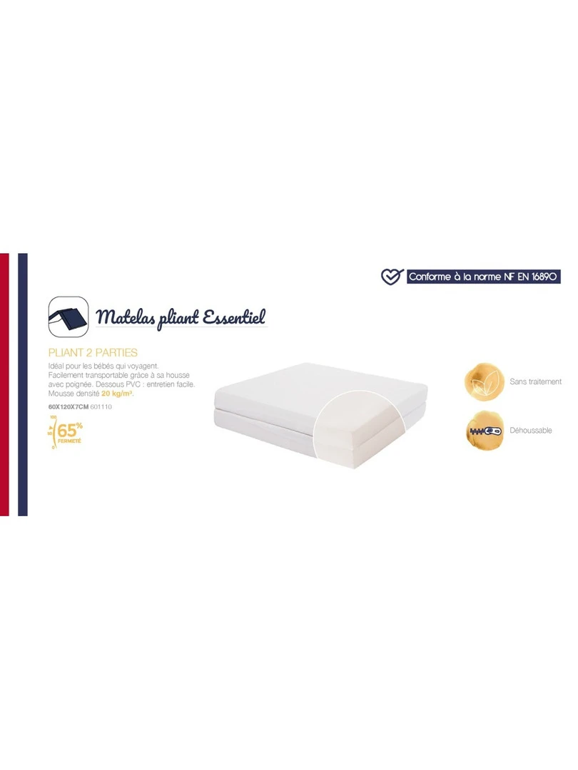 Matelas Bébé Pliant 2 Parties Essentiel   60 cm x 120 cm x 7 cm   Blanc