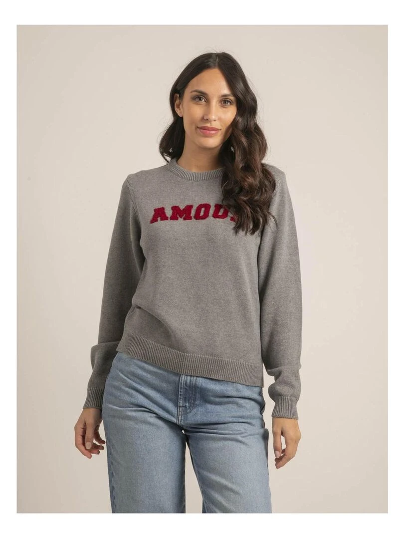 Pull col rond pur coton message KOURI Gris