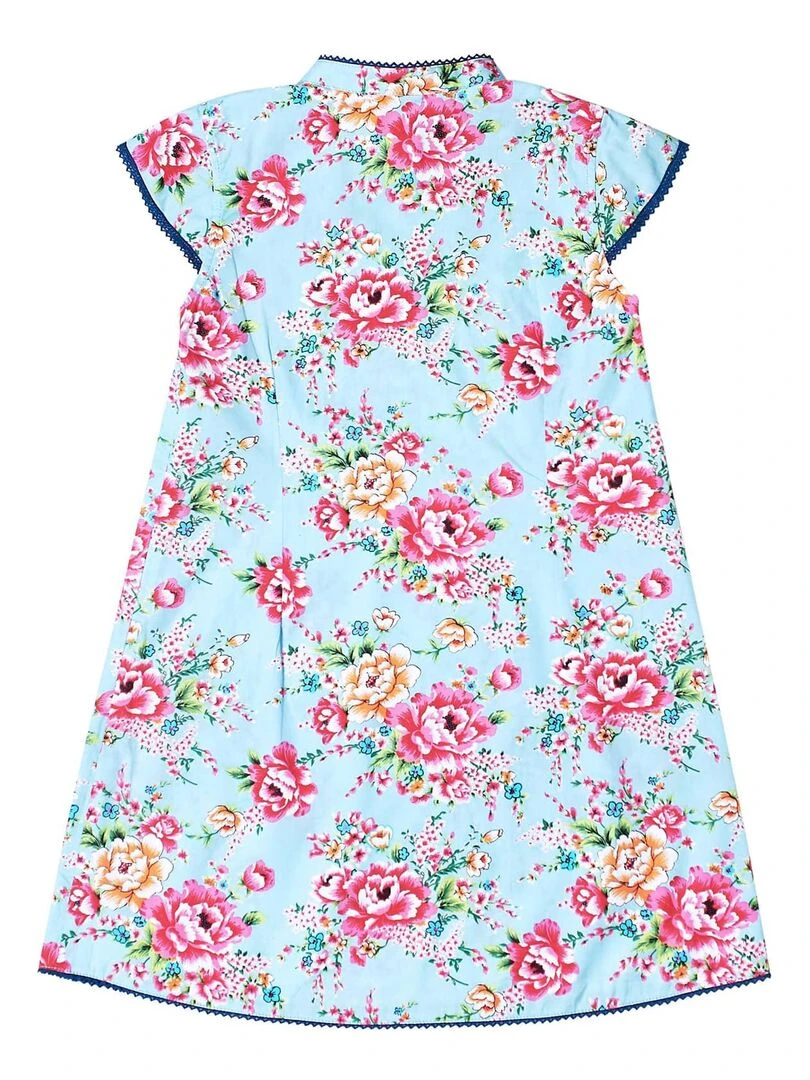 Robe Chinoise Fleurie  Turquoise Fille  Col Mao  ANNAM   La Faute à Voltaire   Bleu turquoise