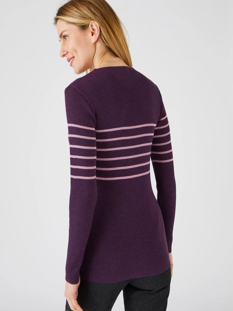 Pull col rond 50% laine mérinos  uni et rayé   Damart   Violet