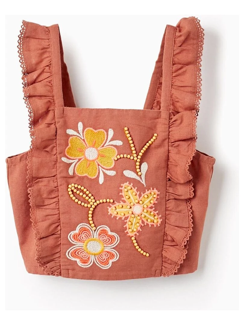 Haut En Coton Et Lin Avec Broderies Et Perles Pour Fille manches courtes Orange clémentine