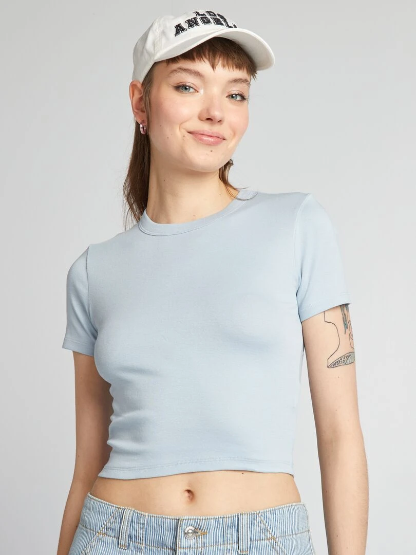 T shirt cropped manches courtes Bleu ciel