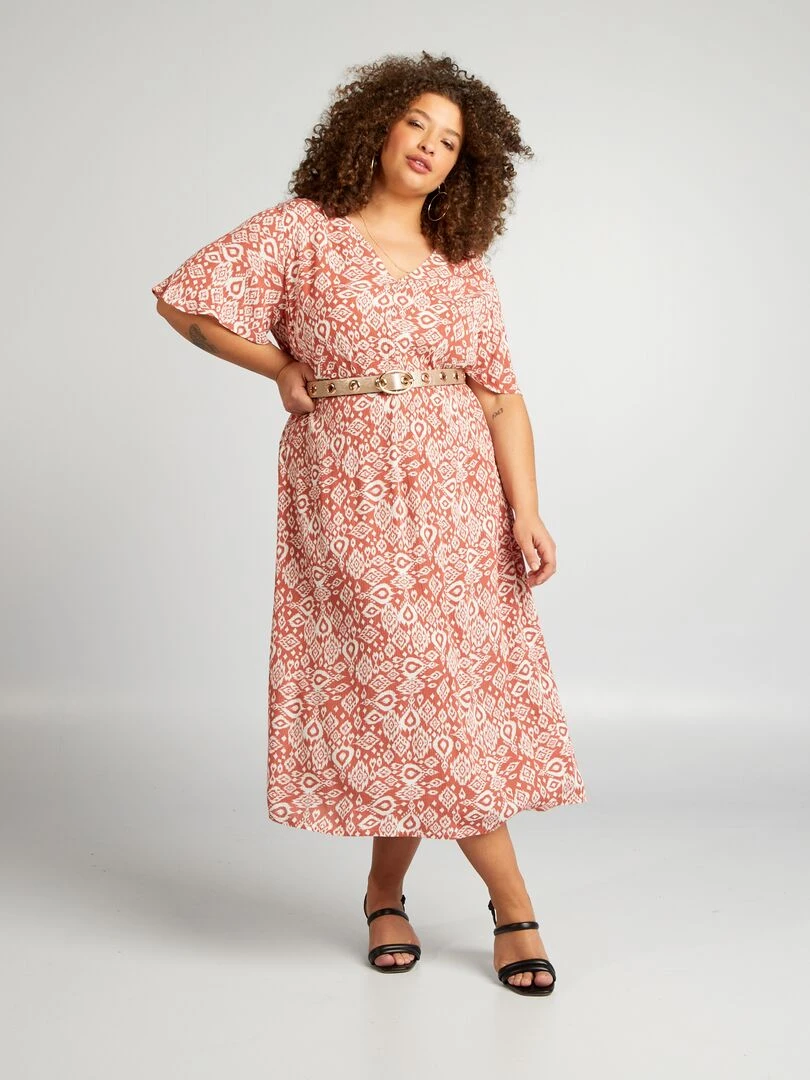 Robe midi stretch avec manches papillon Marron