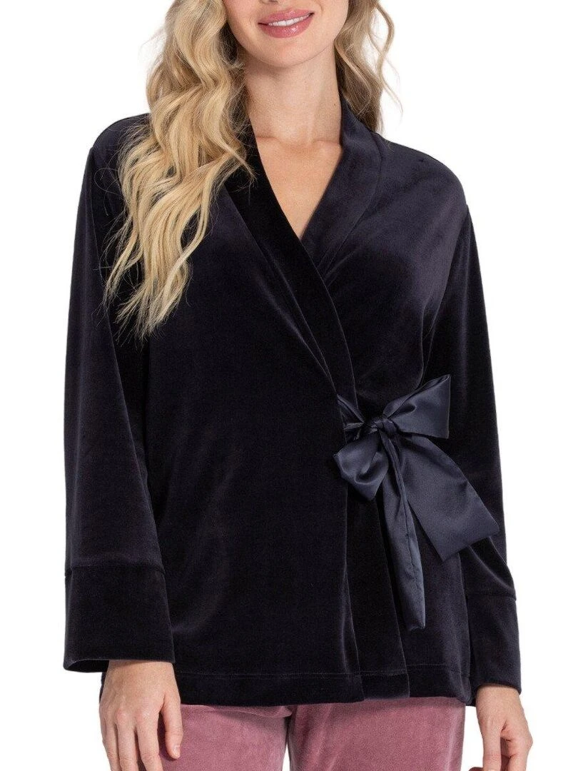 Kimono court velours à ceinture satinée Keina Bleu