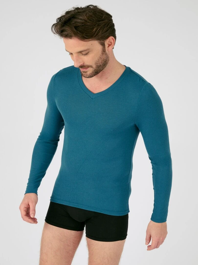 T shirt col V manches longues fine côte Thermolactyl Sensitive Damart Bleu pétrole