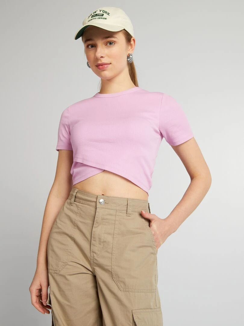 Tee shirt crop top côtelé Rose