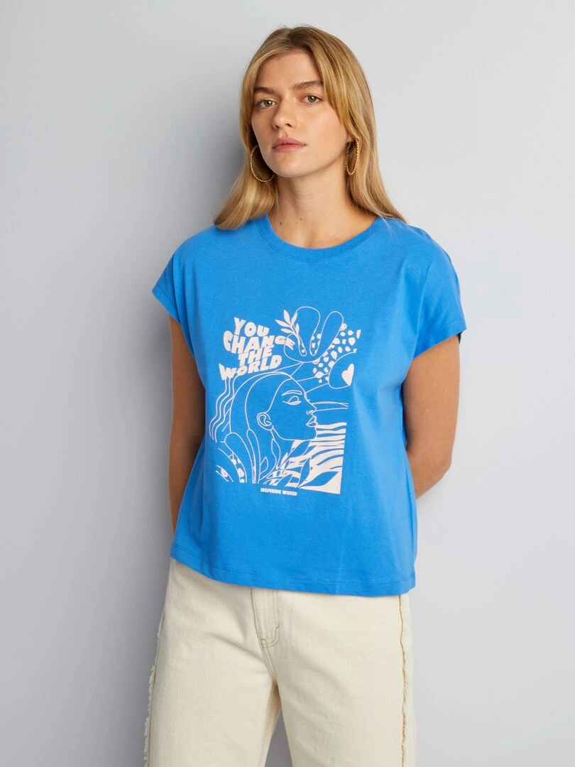 T shirt en coton avec imprimé Bleu
