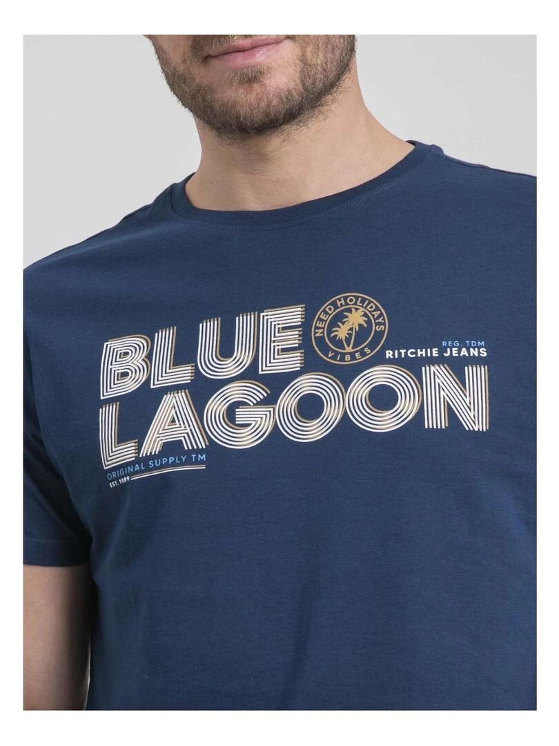 T shirt col rond pur coton NAPAMIEL   Bleu marine