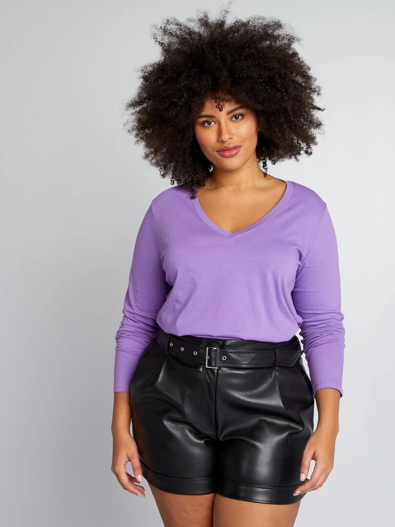Tee shirt basique manches longues et col V Violet