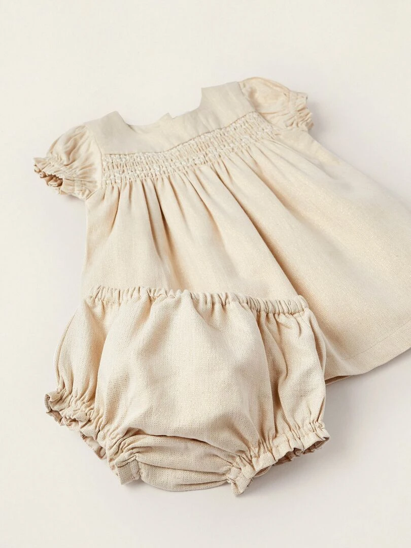 Robe + Bloomer avec fils Lurex pour Nouveau né manches courtes CÉRÉMONIE   Blanc
