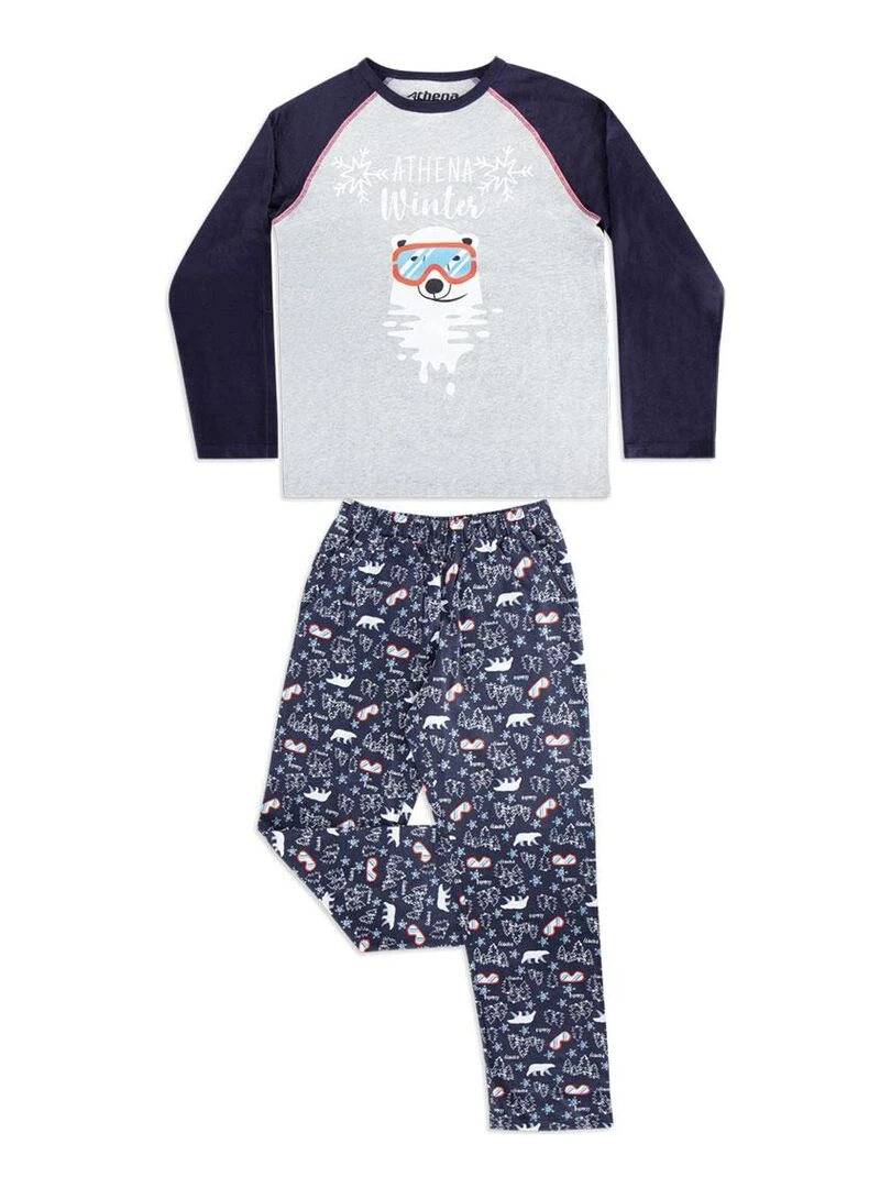 Pyjama long col rond junior unisexe Family Gris Bleu