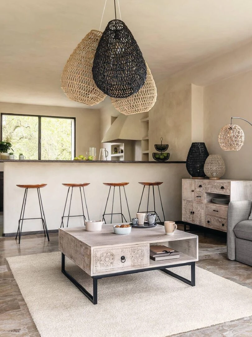 Suspension en bois et papier tressé   Beige