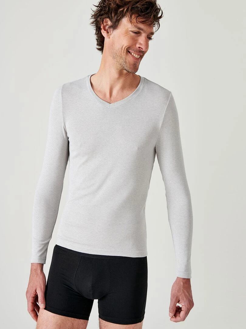 T shirt col V manches longues fine côte Thermolactyl Sensitive Damart Gris chiné