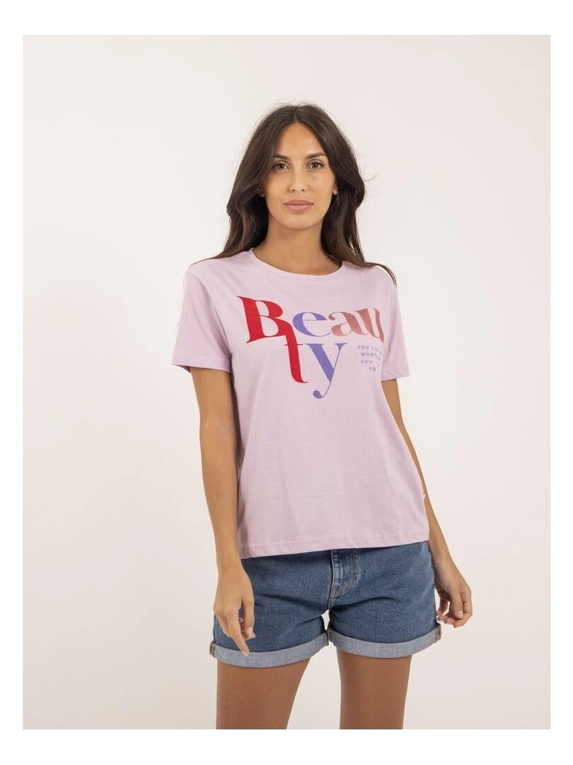 T shirt col rond message FIGUIER Violet clair