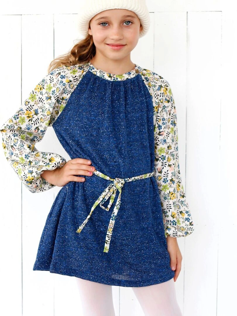 Robe Pull Bleu Fleurie Jaune Fille ELISA 'LA FAUTE A VOLTAIRE' Bleu Jaune Blanc