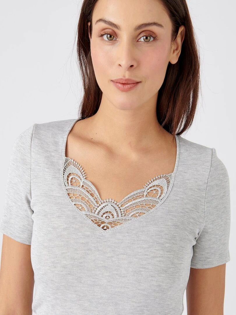 T shirt manches courtes fine côte guipure Thermolactyl   Damart   Gris chiné