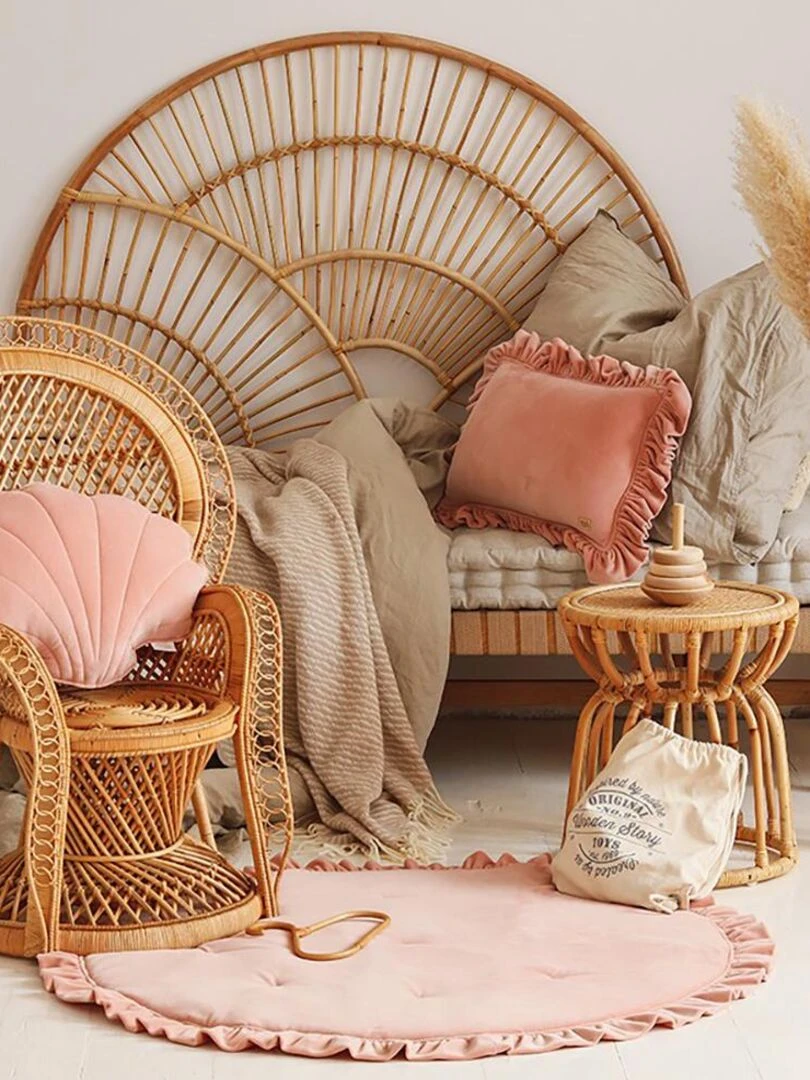 Coussin velours avec volant Pêche clair Rose rouge