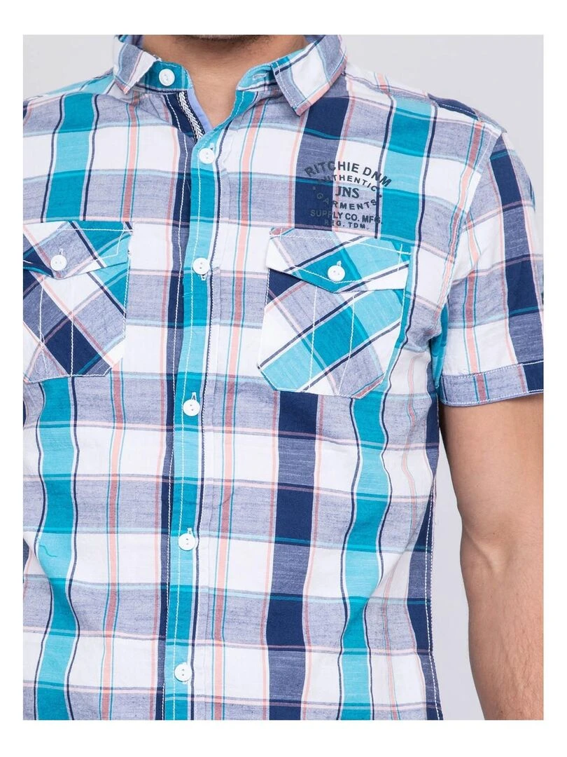 Chemise manches courtes carreaux DOSANGE   Bleu turquoise