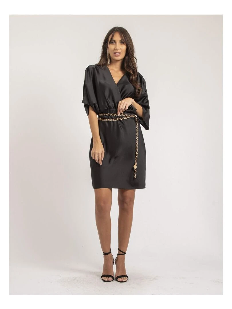 Robe courte portefeuille satin ILIZAN   Noir