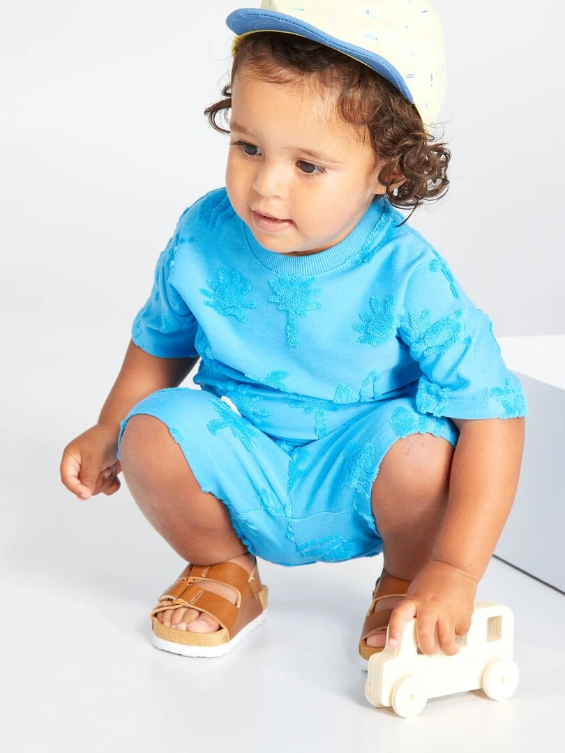 T shirt manches courtes avec motif maille bouclette Bleu