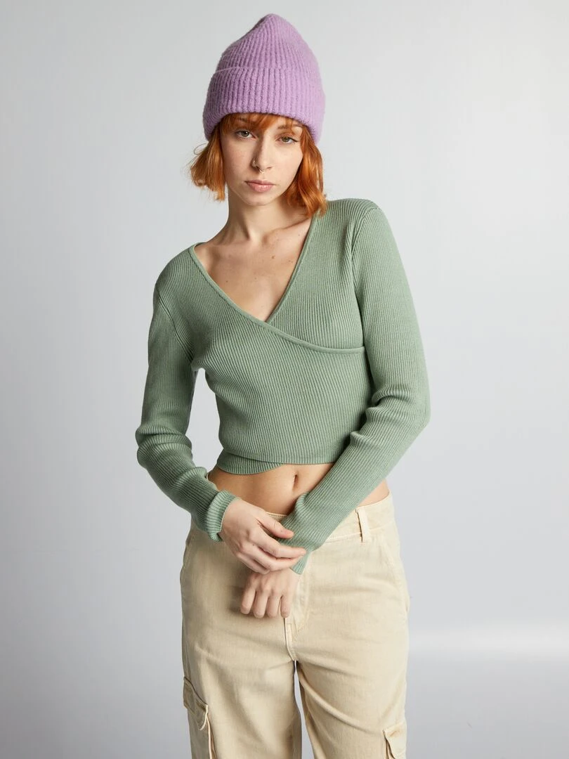 Pull côtelé avec ouverture cache cœur Vert
