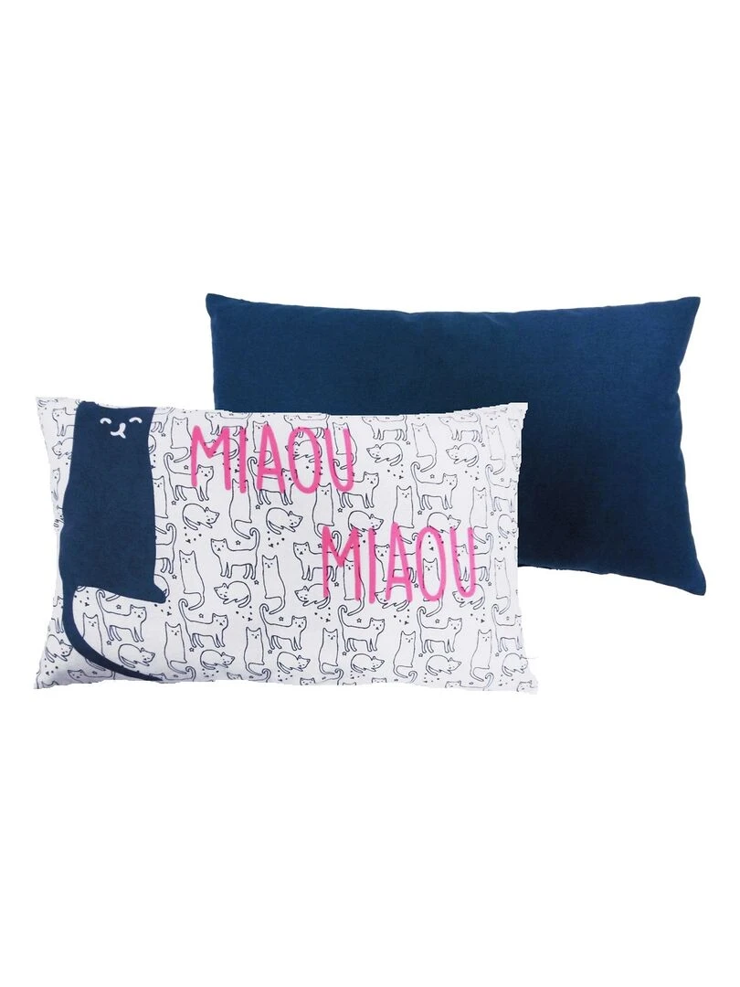 Future Home Coussin coton blanc et bleu avec chat 30x50cm Blanc