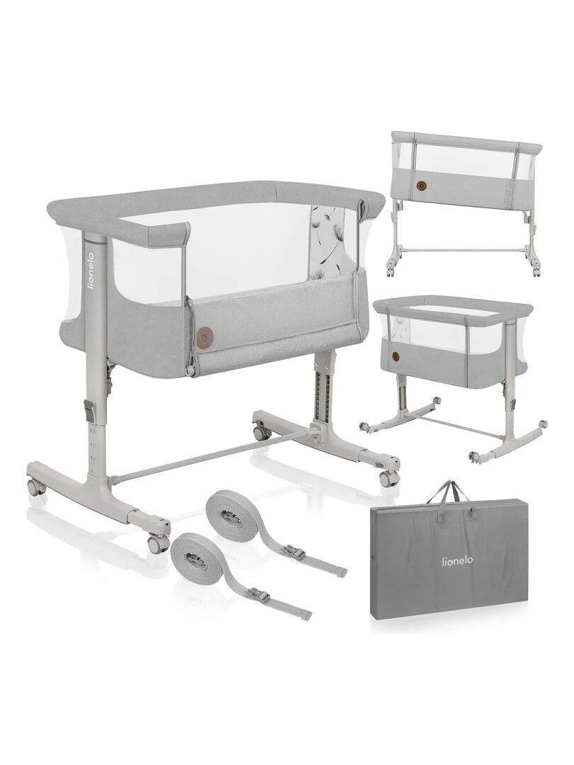 LIONELO Aurora Lit bébé 3en1 Réglable en hauteur et inclinaison Matelas et sac inclus Gris clair